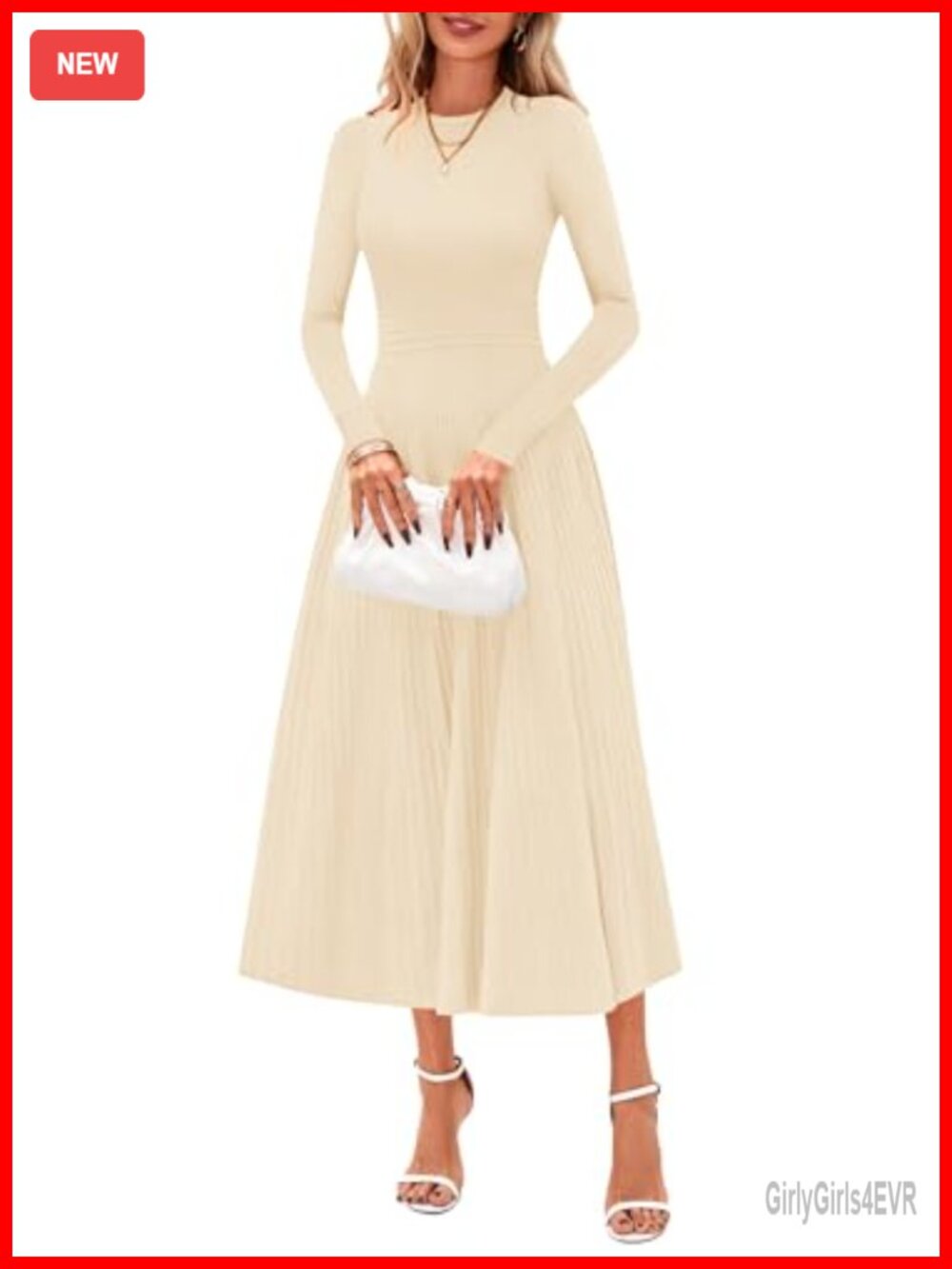 Women's Long Sleeve Knit Midi Sweater Dress A-Line Pleated